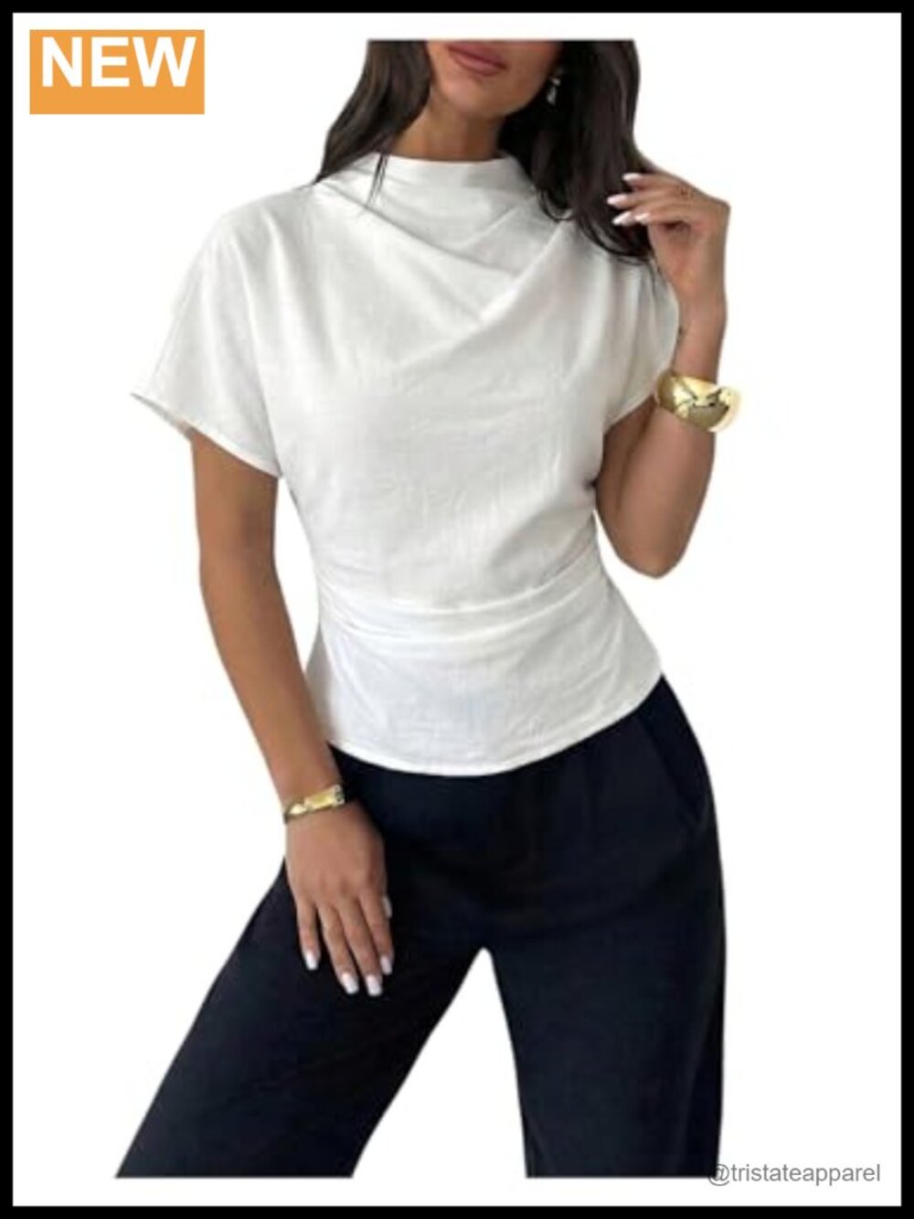 Elegant Ruched Blouse Mock Neck Tunic Slim Fit Summer Office Top